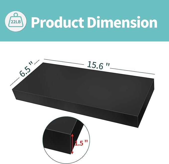 LaVie Home Floating Shelves, 15.6 Inch Wall Shelf Set of 3, Hanging Shelf with Invisible Brackets, Wall Decor for Bathroom, Bedroom, Living Room, Kitchen Storage, Classic Black-Ruum Studio Home