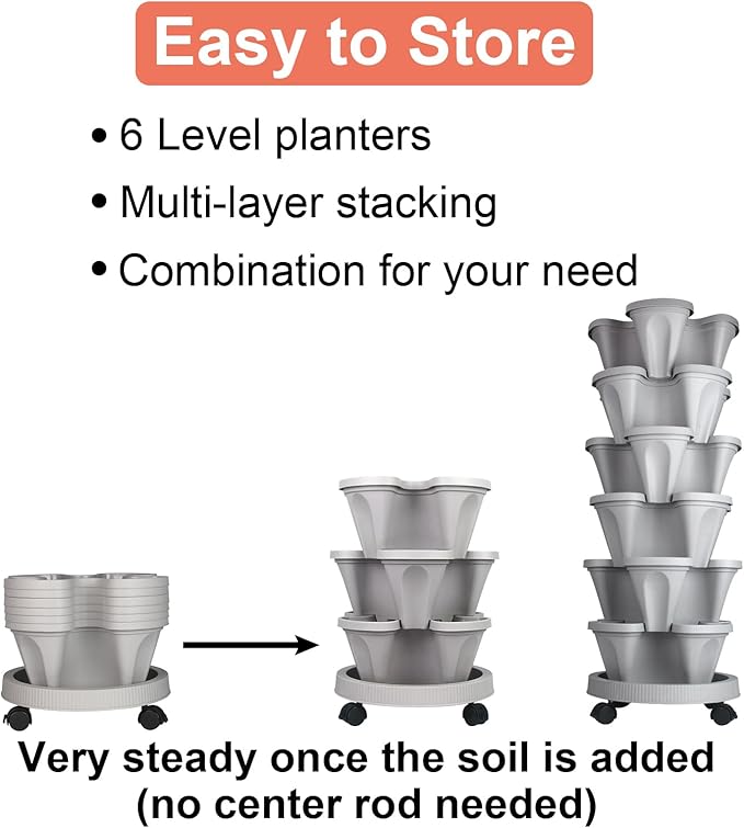 Vertical Planter 6 Tier Stackable Planters Garden Planters Strawberry Herb Flower and Vegetable Planter Indoor Outdoor Gardening Pots with Removable Wheels and Tools 2-Pack-Ruum Studio Home