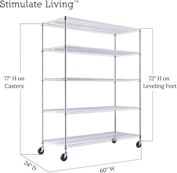 60"x24"x72" PRIME HEAVY DUTY Chrome 5-Tier Wire Shelving NSF 3000 LBS MAX Capacity Storage Rack for Commercial, School, Home, Garage, Warehouse, Industrial, and Hospital Uses (with Wheels)-Ruum Studio Home