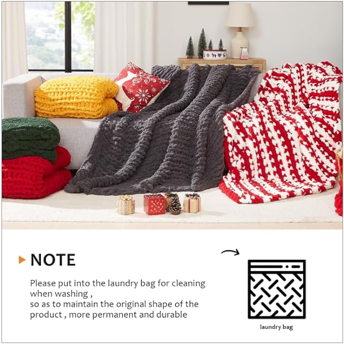 L'AGRATY Chunky Knit Blanket Throw: 50''x60'' Chenille Chunky Knitted Throw Blanket for Bed Couch - Handmade Thick Big Cable Knit Blanket - Large Crochet Rope Blanket for Home Decor(Milky Green)-Ruum Studio Home