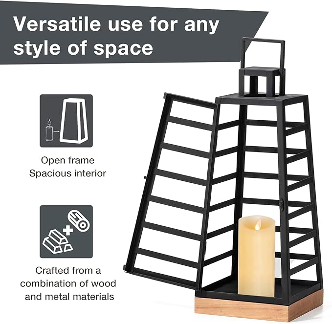 Glitzhome Set of 2 Modern Trapezoid Metal/Wood Decorative Lanterns,Large Candle Lanterns for Living Room,Home,Indoor, Outdoor,Table,Fireplace Mantle Decor -Black(No Glass)-Ruum Studio Home