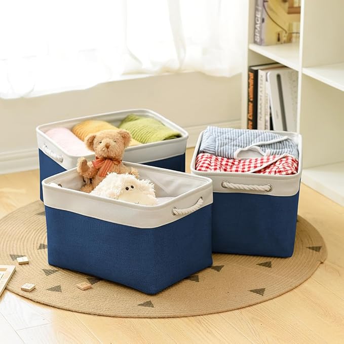 TheWarmHome Organization and Storage for Organizing - 3 Pack 16x12x12 inch Cube Storage Bin for Shelves, Fabric Storage Cubes for Closet Cloth Organizer Gift Toy (White & Jean Blue)-Ruum Studio Home