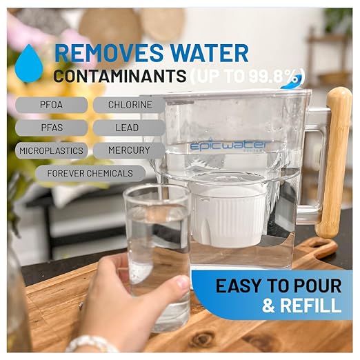 Epic Water Filters Pure Filter Pitchers for Drinking Water, 10 Cup 150 Gallon Filter, Tritan BPA Free, Removes Fluoride, Chlorine, Lead, Forever Chemicals (White & Bamboo)-Ruum Studio Home