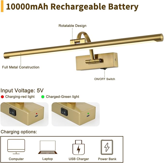 Wireless Picture Lights with Remote and Timer Rechargeable Brass Gallery Lighting Battery Operated Art Lights Over Frame Portrait 5W 24'' Inch Warm White-Ruum Studio Home