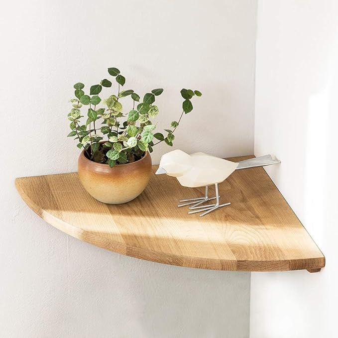 Corner Shelf, Solid Oak Wood Floating Corner Shelf Wall Mount Round End Floating Speaker with Wire Hole for Small Plant Photo for Bedroom Kitchen, Living Room-Ruum Studio Home
