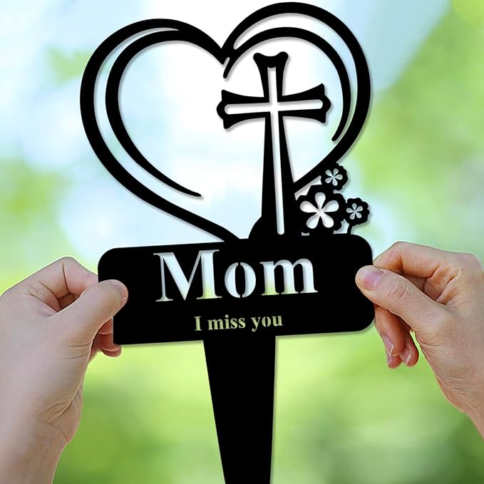 Mom Memorial Grave Stake, Cemetery Decorations for Grave Markers 12.5 x 7.2 inch Heart Metal Sympathy Stakes Graveside Plaque Decor Sign for Mother Graves, Yard, Garden - Black-Mom-Ruum Studio Home