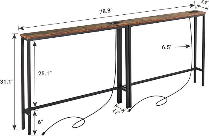 ELYKEN 5.9" Narrow Console Sofa Table with Power Outlets and USB Port, 5.9" Dx39.4 Wx31.1 H Long Behind Couch Table with Metal Frame and 6.5’ Extension Cord, Rustic Brown-Ruum Studio Home