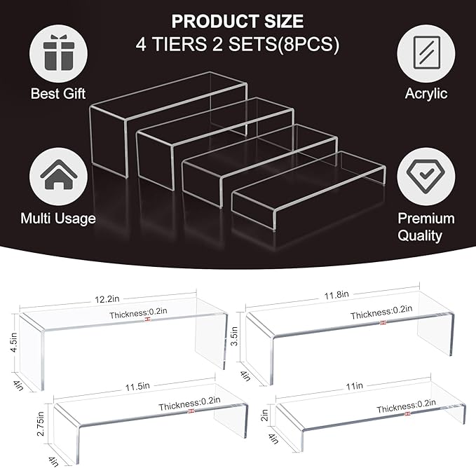 Acrylic Display Risers,12'' Large Display Stands, Thickened to 0.2''(5mm) Stackable Acrylic Shelves for Perfume Display, Clear Risers for Cupcake Stand,Pop Figurines,Tumbler,Food (Clear, 8PCS)-Ruum Studio Home