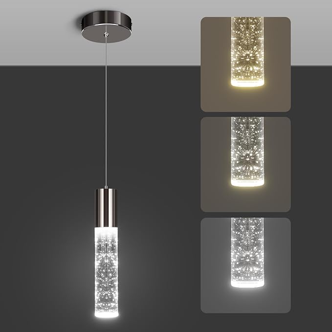 OKELI Modern Pendant Light,3Color LED Bubble Crystal Island Light Fixtures,Black Mini Pendant Lighting for Kitchen Island,Bar,6W,3000-6000K,ETL-Ruum Studio Home