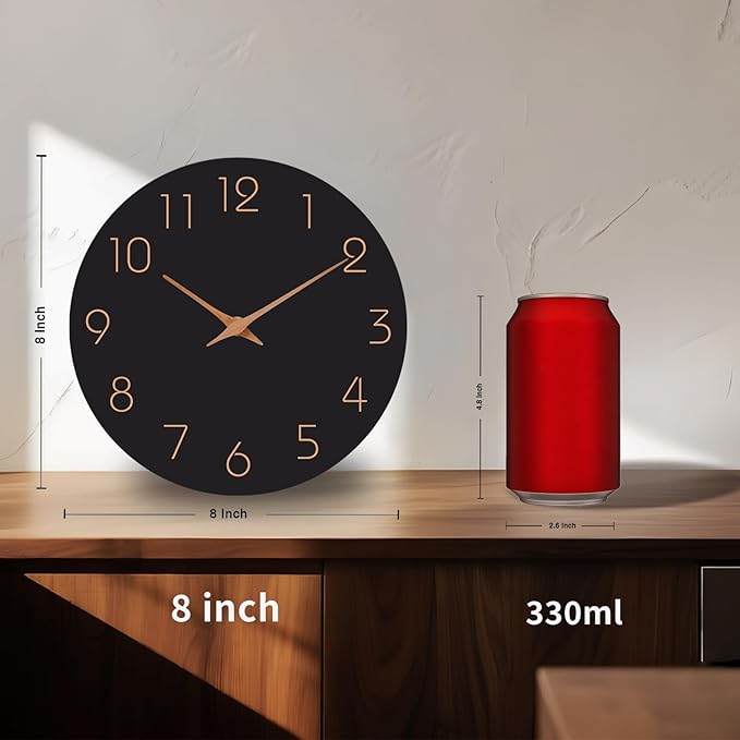 Mosewa Wall Clock 8 Inch Black Battery Operated Silent Non Ticking Simple Minimalist Rose Gold Numbers Decorative for Bedroom Living Room Kitchen Home Bathroom Office-Ruum Studio Home