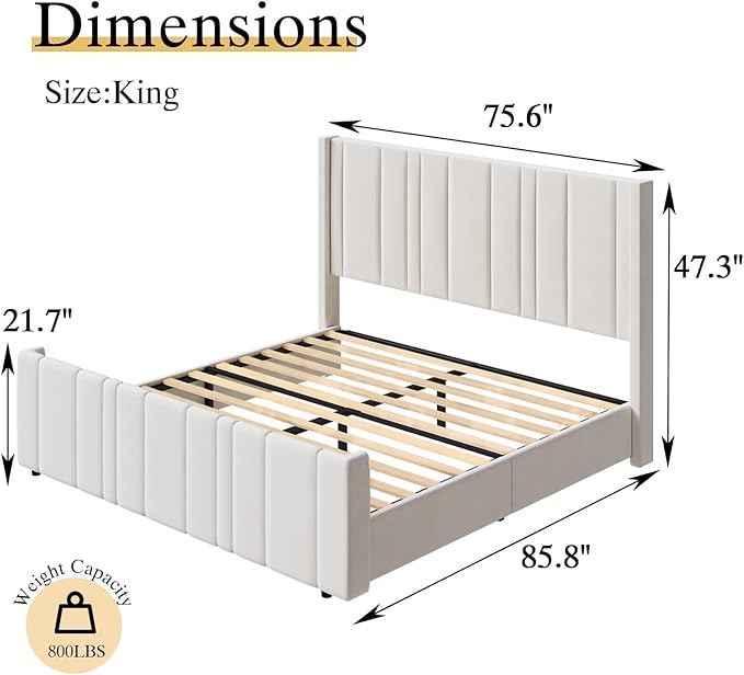 King Size Bed Frame and Headboard, Soft Velvet Upholstered Bed Frames with Vertical Channel Tufted Wingback Headboard & Footboard, Soft Bed Frame King, Noise Free, Easy Assembly, White-Ruum Studio Home