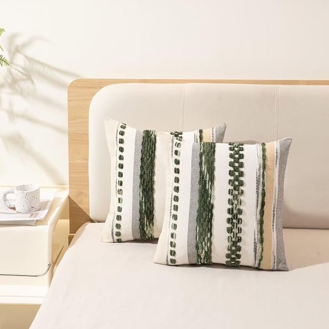 Boho Throw Pillow Covers 18x18 Set of 2 Christmas Decorative Cushion Case Striped Square Pillows Cover Chenille Pillow Cases Accent Neutral Pillowcase for Sofa Couch Bed,Dark Green-Ruum Studio Home