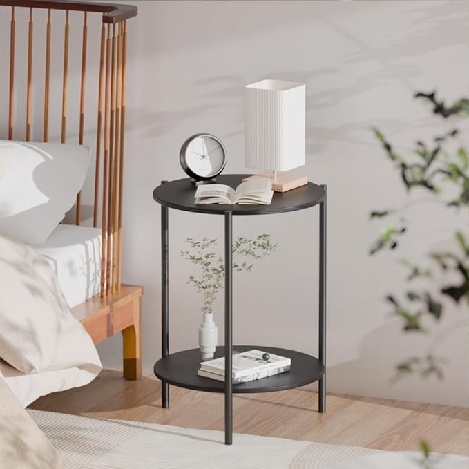 Side Table, Round End Table with 2-Layer Storage Rack, 15.7" Small Spaces Circle Table, Metal Frame Design Small Side Tables, for Living Room, Bedroom, Black-Ruum Studio Home