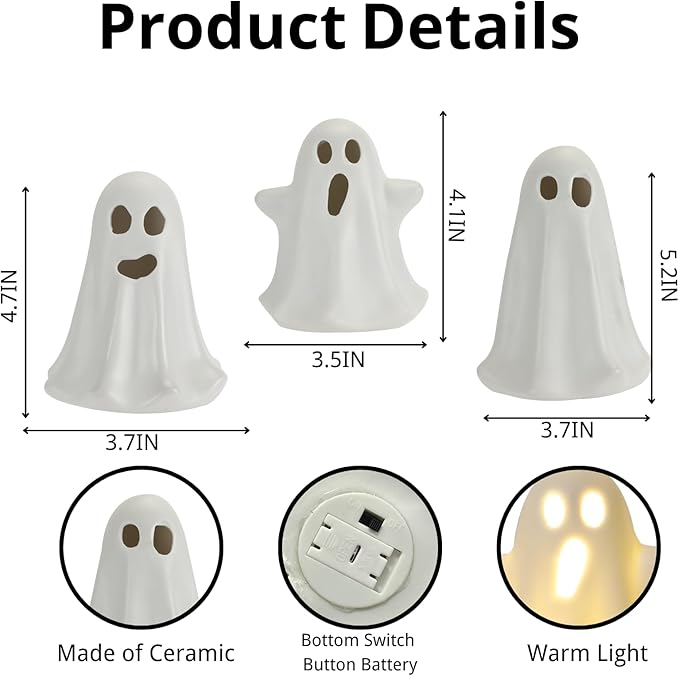 3 Pack Halloween Ceramic Ghost Decor, Light Up Ghost Halloween Decor, Cute Ghost Figurines for Table Tray Fireplace Home Indoor Decoration-Ruum Studio Home