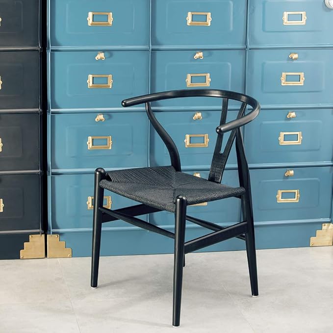 Wishbone Chair, Solid Wood Armrest Woven Seat Chair, Kitchen & Dining Chair, Wishbone Y Black Chairs - Set of 2 (Ash Wood - Black)-Ruum Studio Home