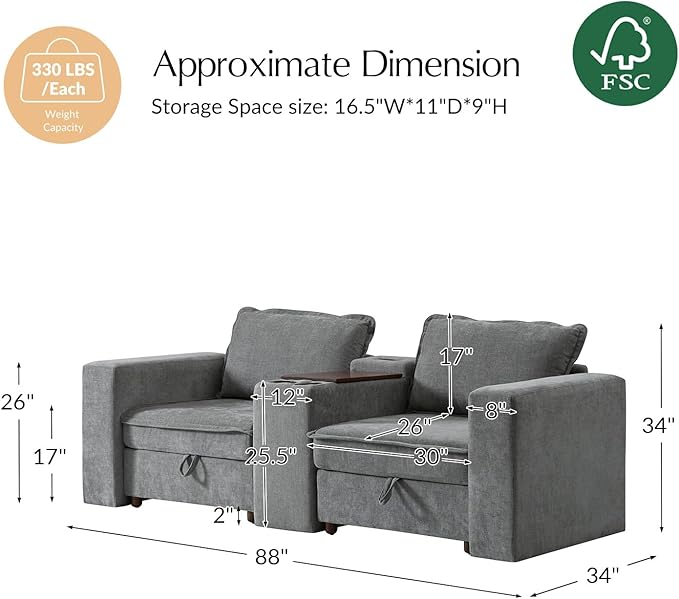 HULALA HOME 88" Loveseat Sofa with USB Port and Console, Oversized 2 Seater Sofa with Storage Ottoman, Comfy Upholstered Loveseat Couch for Living Room Bedroom, FSC Certified, Grey-Ruum Studio Home