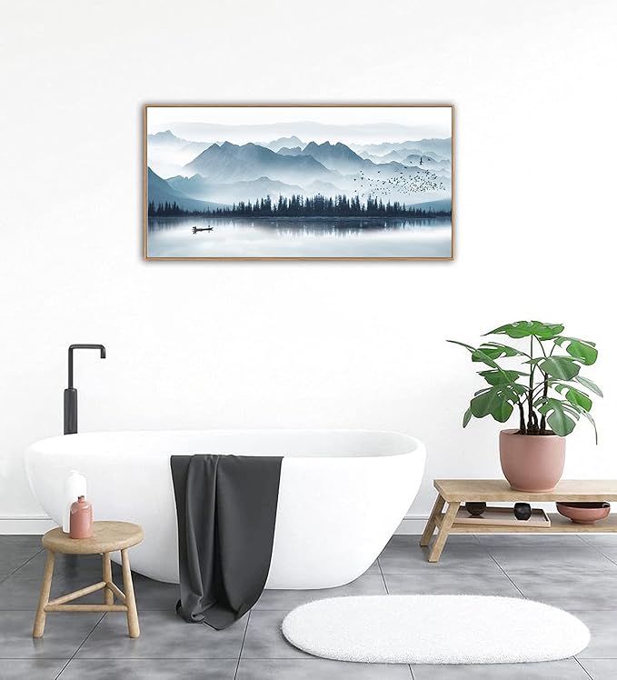 Indigo Framed Canvas Wall Art Misty Mountain Wall Pictures Foggy Lake Boat Canvas Painting Prints Forest Birds Canvas Wall Decor for Living Room Bedroom Decorations Framed 20" x 40" Natural-Ruum Studio Home