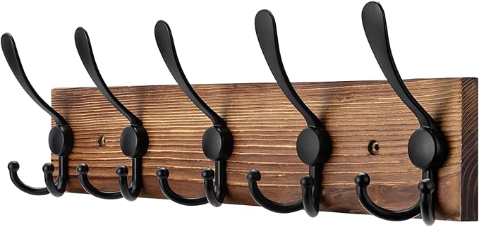 Coat Rack Wall Mount Wooden Hat Rack for Wall Hooks Pine Real Wood Plank 16.9" Brown Coat Hanger with 5 Triple Hooks for Hanging Coat Hat Jacket-Ruum Studio Home