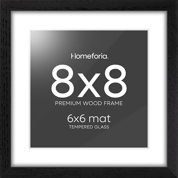 Homeforia 8x8 Picture Frame Black Wood, High-End Oak 8 x 8 Square Frames with Mat 6 by 6 inch Photo, 8x8 Wooden Frame Matted to 6x6 Art, 8by8 Wall or Tabletop Frame, Tempered Glass, Wall Kit, Set of 1-Ruum Studio Home