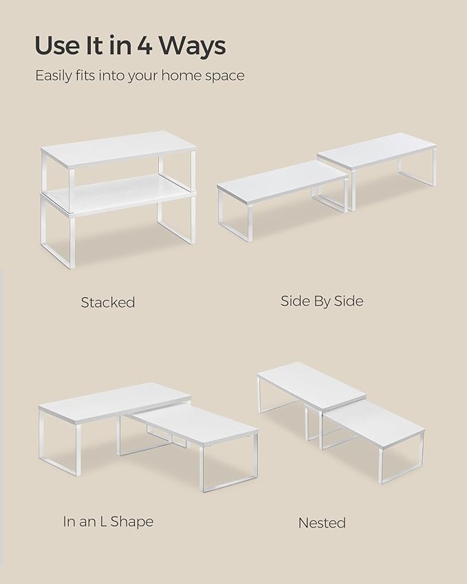 SONGMICS Cabinet Organizer Shelf, Set of 2 Kitchen Counter Shelves, Kitchen Storage, Spice Rack, Stackable, Expandable, Metal and Engineered Wood, Cloud White and Snow White UKCS025W01-Ruum Studio Home