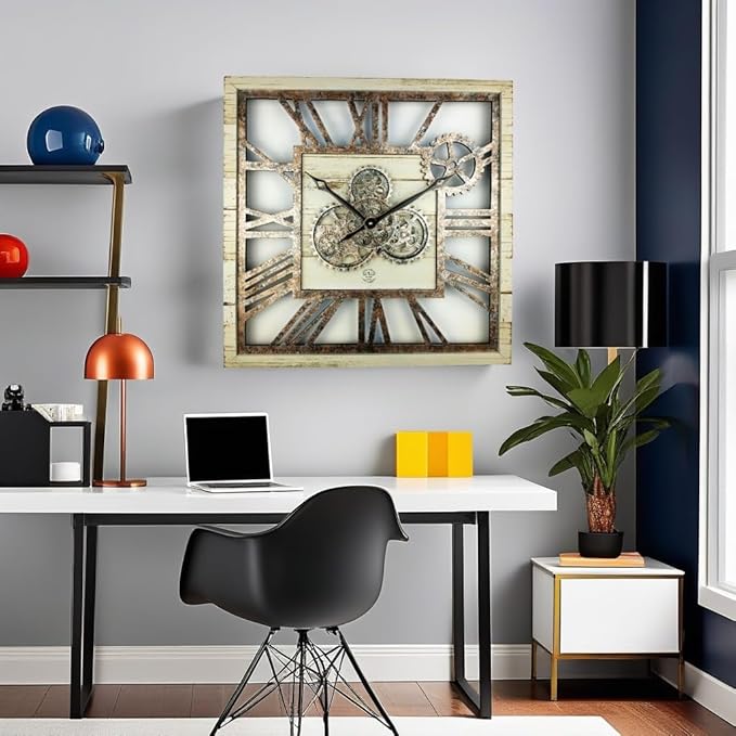 The Gears Clock 24'' Inch Square Real Moving Gear Wall Clock Vintage Industrial Oversized Rustic Farmhouse (Desert Beige)-Ruum Studio Home