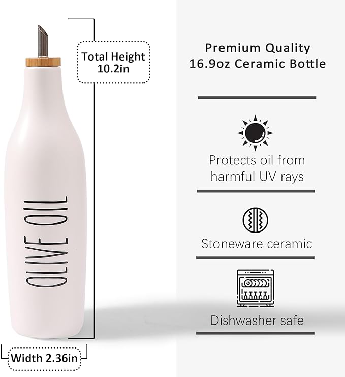 HOMCDALY Olive Oil and Vinegar Dispenser Set, 16oz Ceramic Oil Dispenser for Kitchen, Kitchen Dispenser Bottle for EVOO Vinegar Syrups, Modern Farmhouse Design | Set of 2 – P-White-Ruum Studio Home