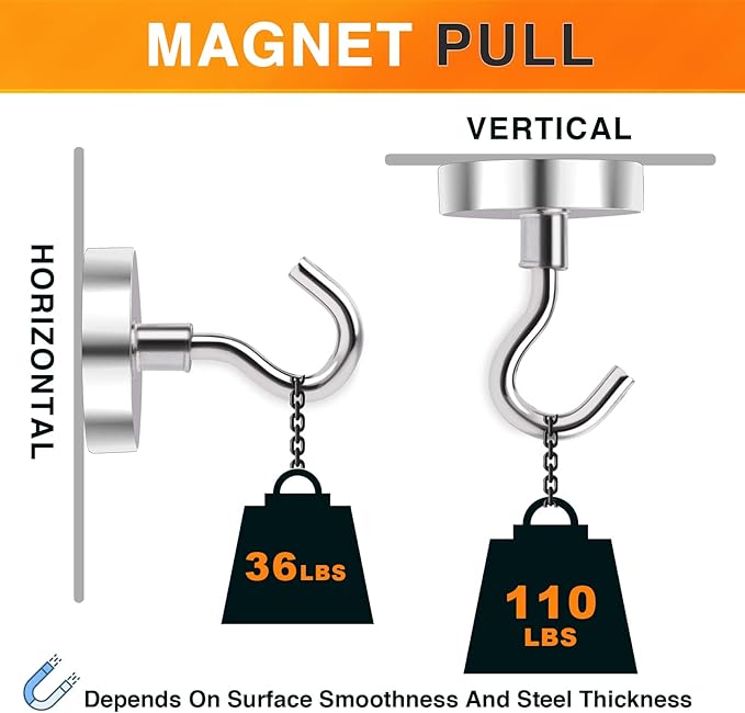 MIKEDE Strong Magnetic Hooks, 110Lbs Heavy Duty Magnetic Hooks for Cruise Cabin, Neodymium Earth Magnets with Hooks for Hanging, Super Metal Industrial Magnetic Hanger for Grill, Cruise, Storage-Ruum Studio Home