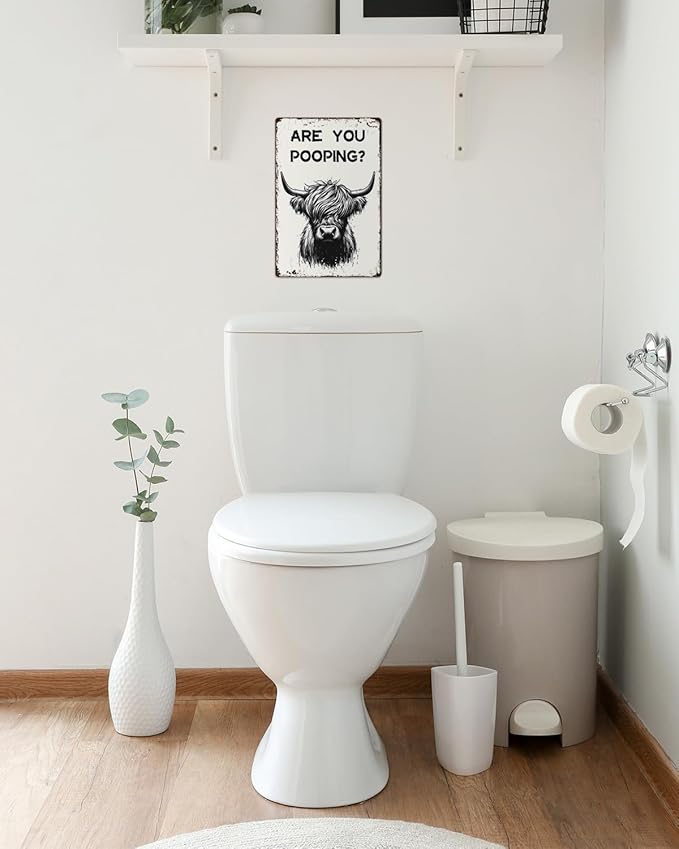 ALKB Funny Highland Cow Are You Pooping Metal Signs Vintage Farmhouse Bathroom Wall Decor Highland Cow Lovers Gift 8 x 12 Inch-Ruum Studio Home