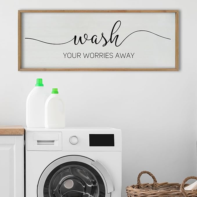 SRSZHIYUE Wash Your Worries Away Bathroom Sign Wall Art 40"x15" Funny Restroom Toilet Large Wood Framed Hanging Decor (Wood)-Ruum Studio Home