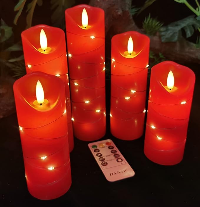 DANIP Red LED Flameless Candle with Embedded Star String, 5Piece LED Candle with 11 Button Remote Control, 24 Hours Timer Function, Dancing Flame, Real Wax, Battery Powered.-Ruum Studio Home