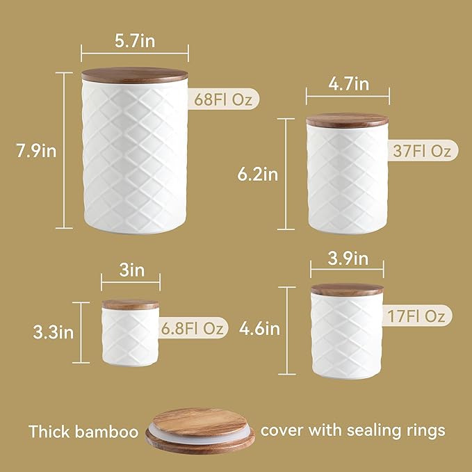 Sweejar Ceramic Canisters Sets for Kitchen Countertop, Relief Food Storage Jar with Bamboo Lid, Stackable Container for Flour, Coffee, Pasta, Cereal, Tea, Sugar, Spices, Pack of 4 (Walnut White)-Ruum Studio Home