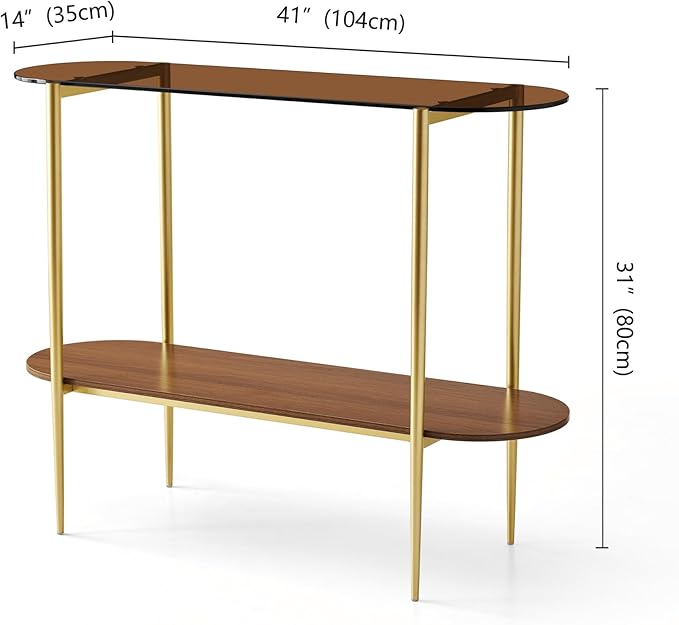Oval Glass Console Table for Living Room, Foyer & Entrance, 2-Tiers Mid-Century Modern Sofa Table with Amber Glass Top, Walnut Finish Wood Top and Gold Finish Metal Frame-Ruum Studio Home