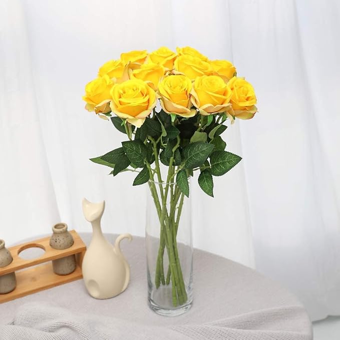 Yellow Fake Roses Artificial Flowers - 10 Pcs Fake Artificial Roses Silk Flowers with Stems for Home Wedding Hotel Office Centerpiece Decor-Ruum Studio Home
