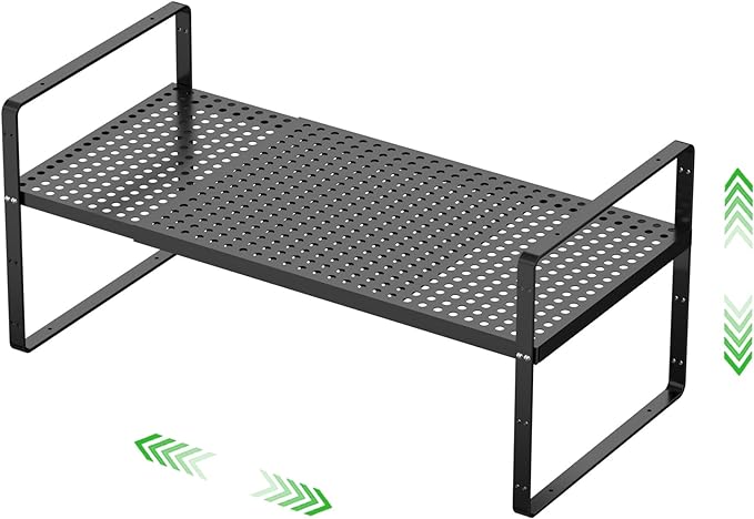 Expandable Cabinet Storage Shelf Stackable Organizer Rack for Kitchen Bathroom Pantry Spice Cupboard Coffee Countertop Home Office Desk Heavy Duty Nonslip Black Large 1 PACK-Ruum Studio Home