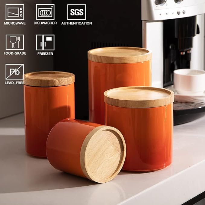 Sweejar Ceramic Food Storage Jar, Stackable Kitchen Canisters, Containers with Airtight Seal Wooden Lid for Serving Ground Coffee, Tea, Sugar, Salt and More - 28 Fl Oz (Gradient Orange)-Ruum Studio Home