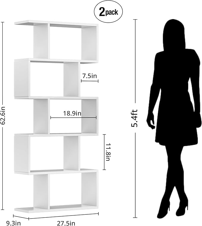 White 5-Tier Geometric Bookcase, S-Shaped Modern Bookshelf Set of 2, 62.6" Tall Room Divider Book Shelf, Decorative Display Shelf-Ruum Studio Home