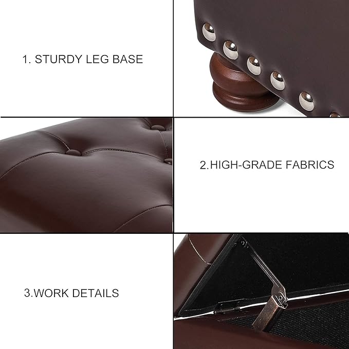 Leather Storage Ottoman Bench Foot Rest Stool with Nailhead Trim (Dark Brown - Button Tufted Leather)-Ruum Studio Home