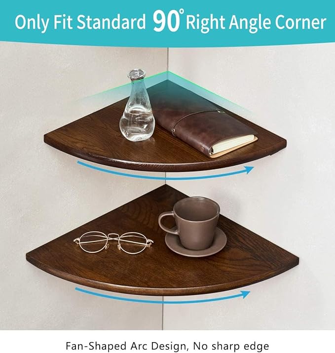 Corner Shelves, Floating Corner Shelf, Set of 2 16inch Solid Oak Wood Corner Wall Shelves, Round End with Wire Hole for Small Plant for Bedroom Kitchen, Living Room-Ruum Studio Home
