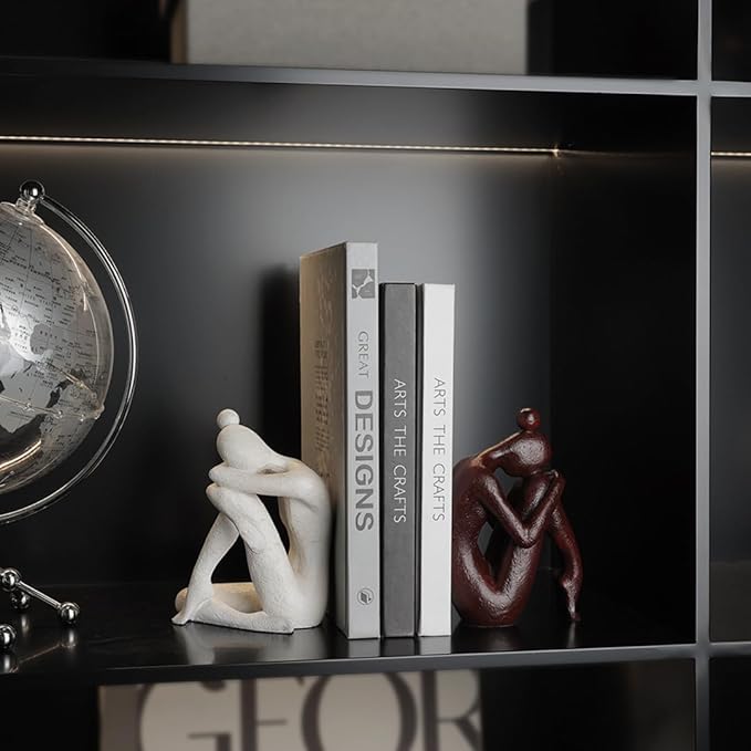 Decorative Bookends for Shelves, Unique Book Ends for Home Office Decor, Meditation Girl Statue Book Stopper for Bookshelf Decor, Modern Abstract Aesthetic Decoration White & Brown-Ruum Studio Home