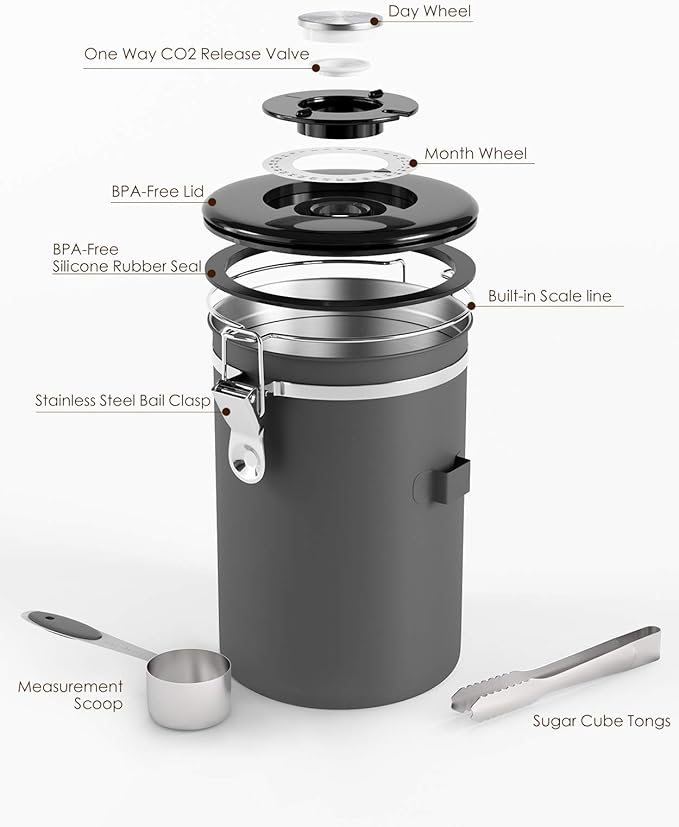 HAIOOU Airtight Coffee Canister, 16OZ Small Stainless Steel Coffee Bean Storage Container with Date Tracker, Measuring Scoop, CO2 Releasing Valves and Mini Tongs for Beans, Grounds and more - Gray-Ruum Studio Home