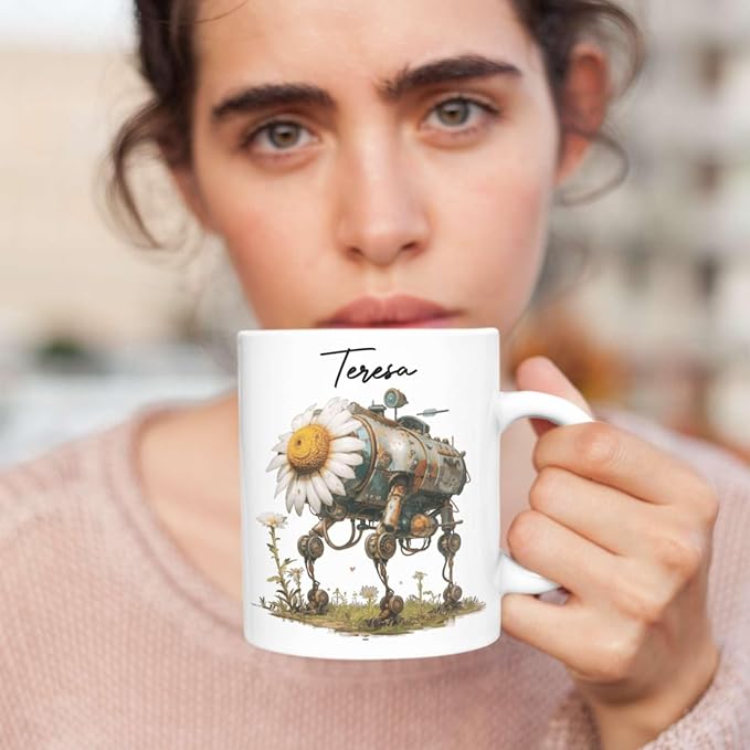 Customized Robotic Daisy Coffee Mug 11oz Or 15oz, Personalized Name On Mechanical Flower Mug, Novelty Ceramic Cup Gift For Tech Enthusiasts, Custom Nature Inspired White Mug-Ruum Studio Home