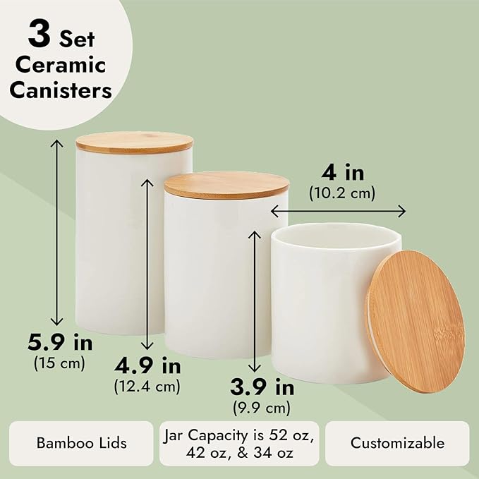 Farmlyn Creek Set of 3 White Ceramic Canisters with Airtight Wooden Bmaboo Lids - Kitchen Counter Containers - Food Storage Jars for Storing Sugar, Coffee, Snacks and Other Dry Goods (3 Sizes)-Ruum Studio Home
