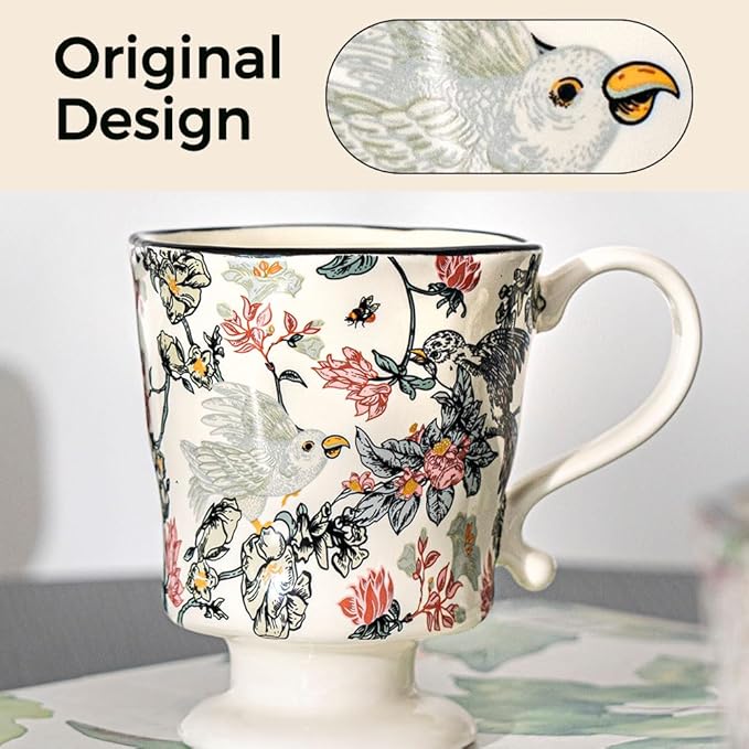 360ml -12.17oz Painted Floral & Bird Ceramic Mug - Cute Coffee Cup for Latte, Espresso - Gift for Women, Dishwasher Safe-Ruum Studio Home