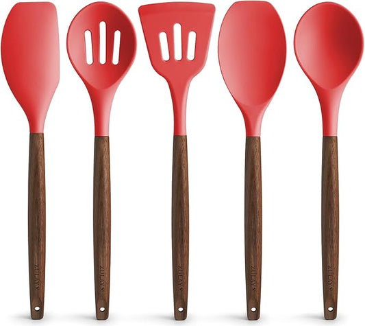 Zulay Kitchen Utensils Set Non-Stick Silicone Cooking Utensils Set with Authentic Acacia Wood Handles - 5 Piece Silicone Utensil Set - Silicone Kitchen Utensils Set with 464°F Heat Resistance - Red-Ruum Studio Home