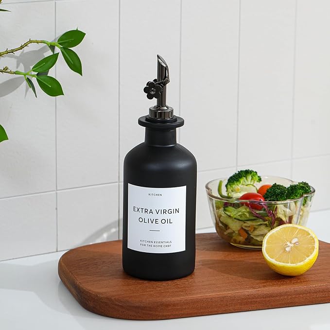 HOMCDALY Olive Oil Dispenser for Kitchen, 11.8oz Glass Kitchen Dispenser Bottle, Black Oil&Vinegar Cruet Set, Leakproof Olive Oil Bottles | Set of 2 (11.8oz – Black)-Ruum Studio Home