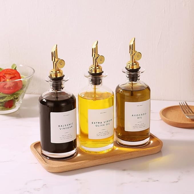 Molimoli Oil and Vinegar Dispenser with Metal Pour Spout, Weighted Pourer, Glass Bottle Dispenser for Kitchen, Olive Oil Cruet, Glass Olive Oil Bottle | 350ml, Set of 2-Ruum Studio Home