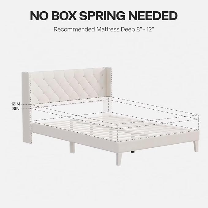 Queen Size Bed Frame with LED Lights, Upholstered Bed Frame with Wingback Diamond Tufted Headboard, Wood Slats Support, Noise-Free, Easy Assembly, No Box Spring Needed, Beige-Ruum Studio Home