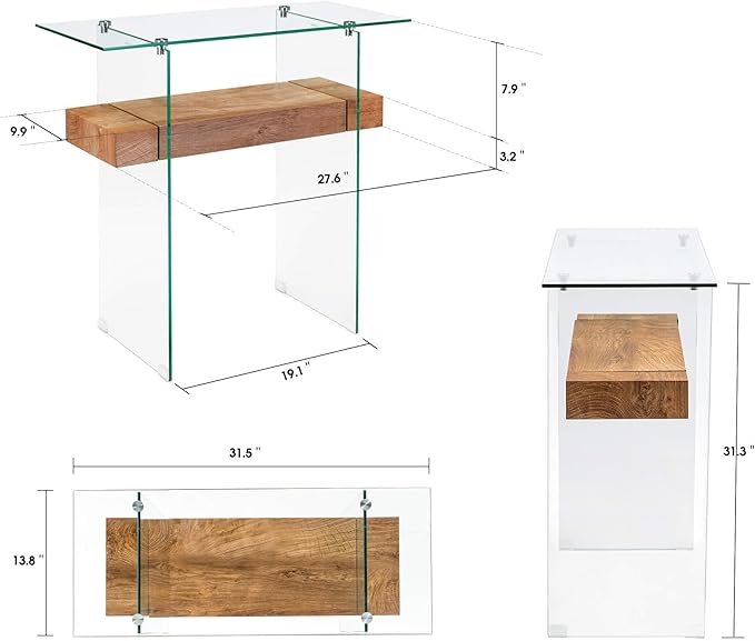 ivinta Glass Console Table with Storage, 31.5'' Modern Narrow Entryway Table for Small Space with Natural Wood Shelves for Living Room, Hallway, Foyer, Bedroom 5103 (Natural)-Ruum Studio Home