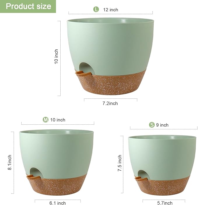 Big Self Watering Pots 12/10/9 inch, Planter, Plant Pots with Mesh Drainage Holes for Indoor Outdoor Garden Plants, Plastic Flower Pots with Removable Deep Reservoir, Green with Brown-Ruum Studio Home
