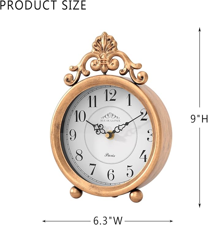 Vintage Gold Table Clock, Desk and Shelf Mantel Clock, French Rustic Antique Style Decor Clocks, for Farmhouse, Bedroom, Living Room, Bedside, Gift (9" H x 6.3" W)-Ruum Studio Home